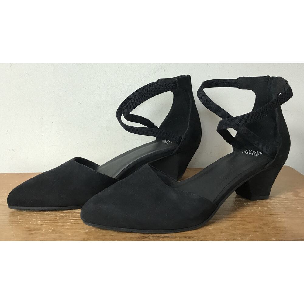 Eileen Fisher Nubuck Leather Strappy Sandal Low Kitten Block Heels Shoes 9.5
